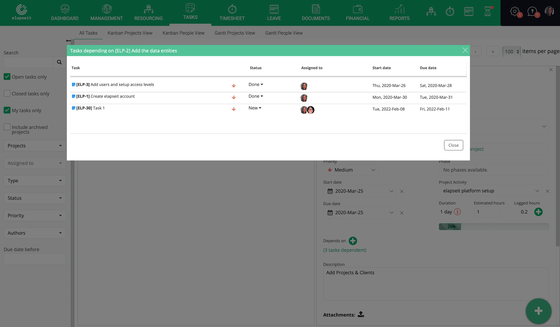 Visualisieren Sie abhängige Aufgaben im elapseit Tasks-Modul.