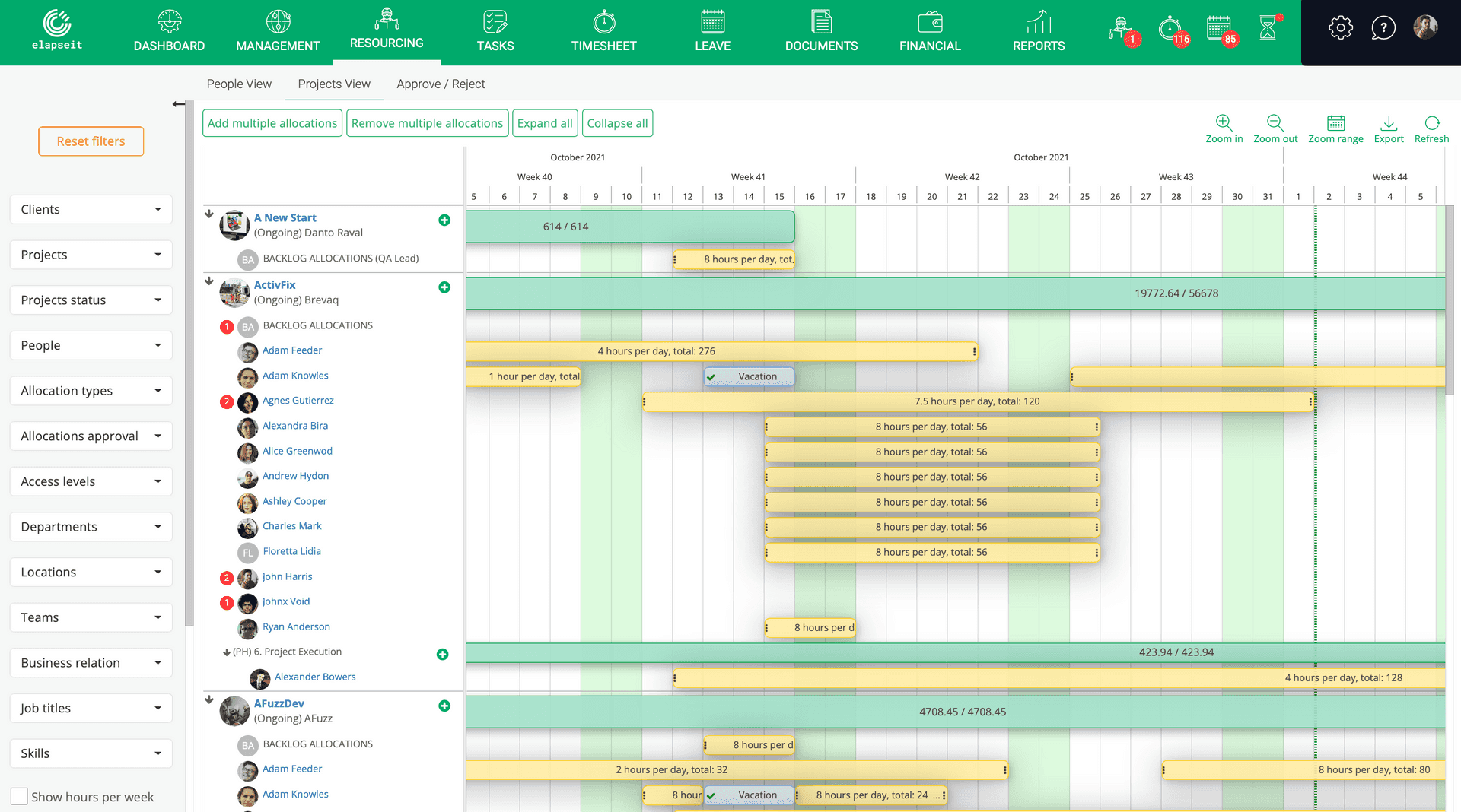 Die Projektansicht im elapseit Resource Planner zeigt die Zuordnungen für jedes Projekt an.