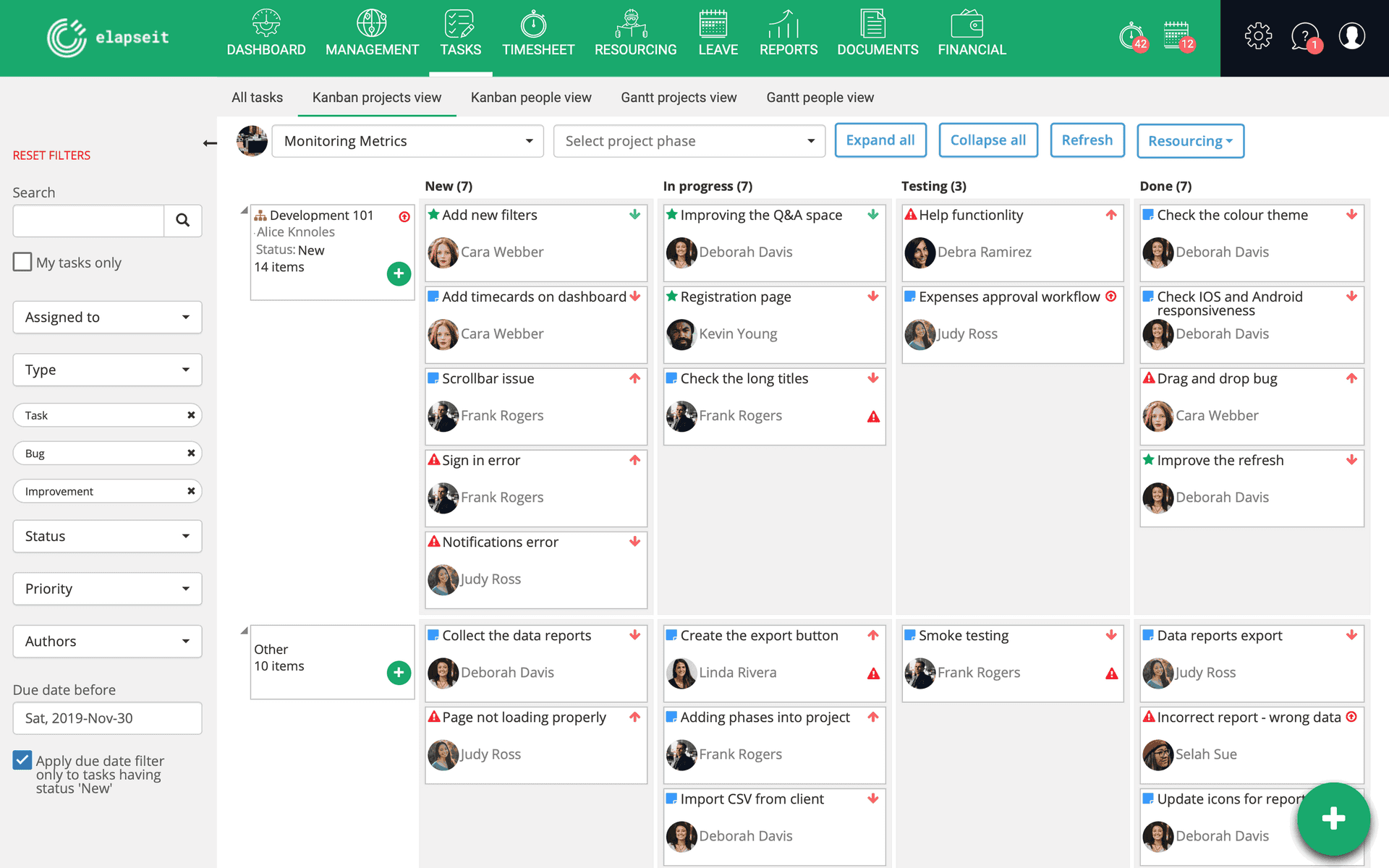 Kanban-Projektansicht in elapseit