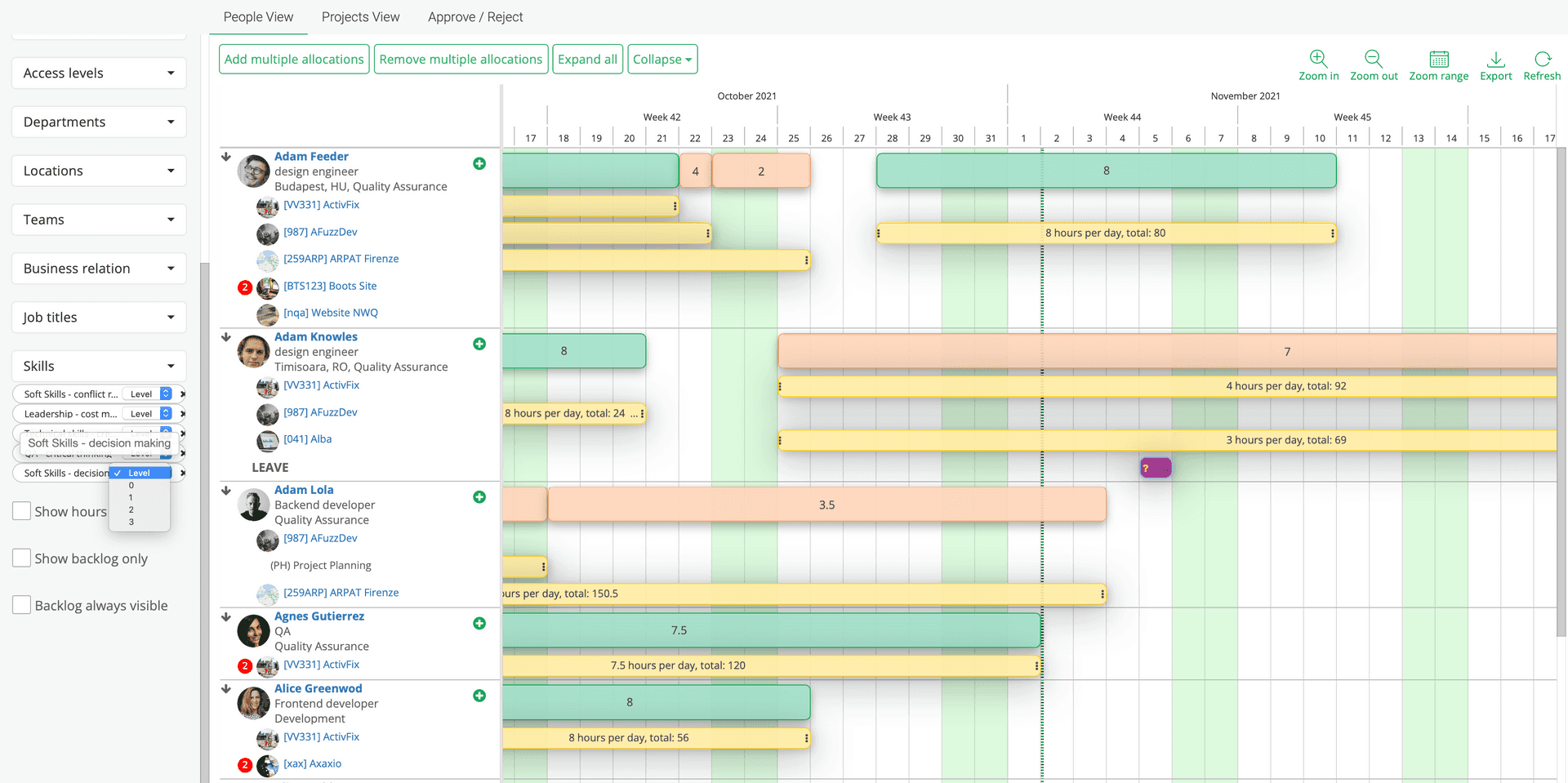 Nehmen Sie eine Auswahl der Fähigkeiten im Ressourcenplaner vor und weisen Sie dann Ressourcen für Ihre Projekte zu.