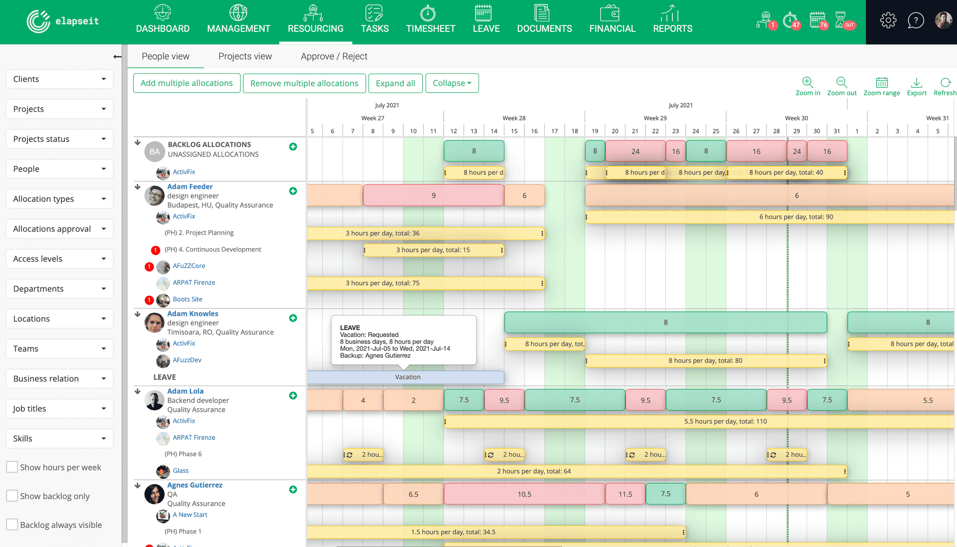 Die Ansicht "Personen" im elapseit Resource Planner zeigt die Zuweisung jedes Mitarbeiters zu Projekten und genehmigten Abwesenheiten.