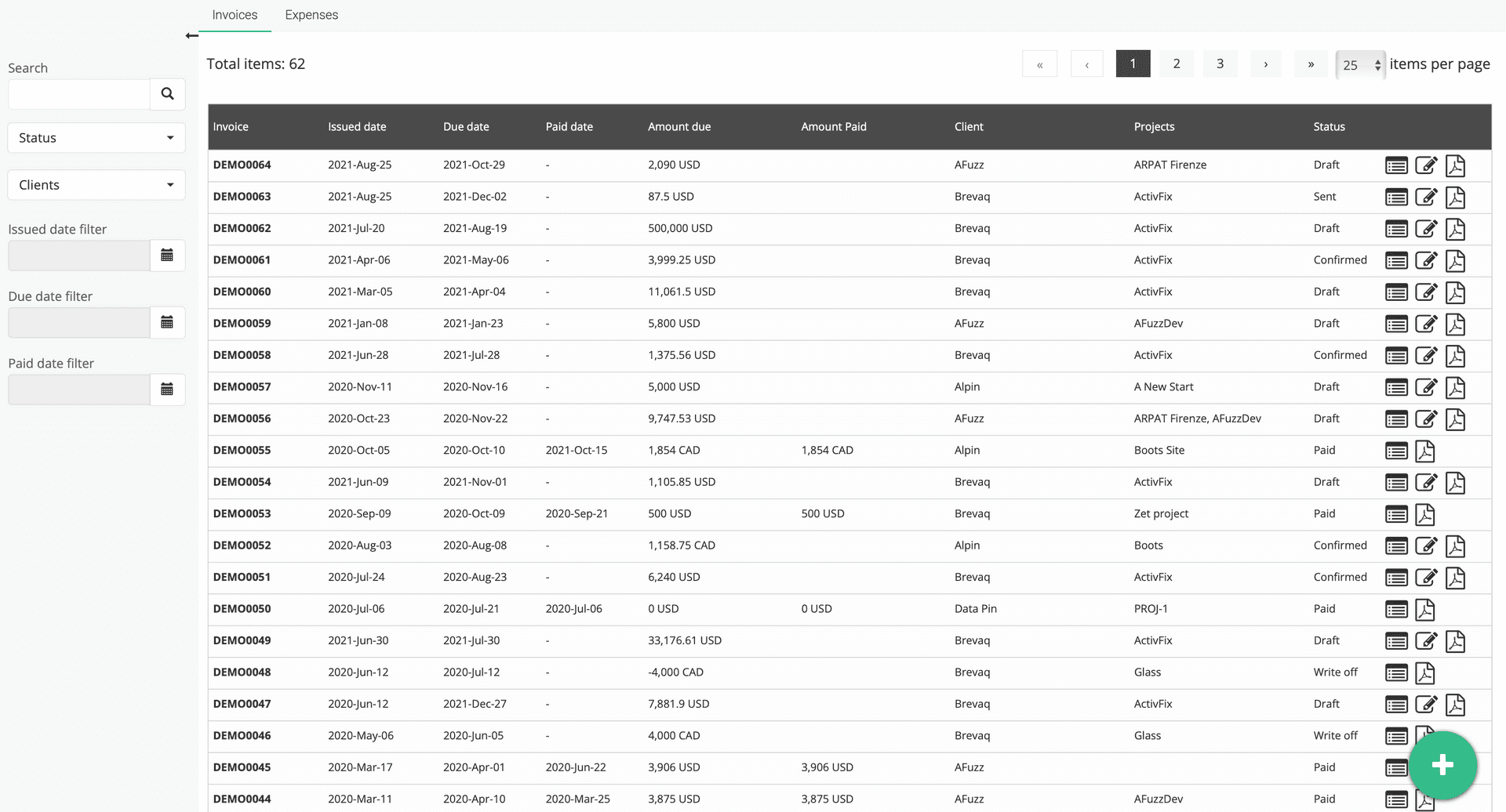 Detaillierter Rechnungsbericht mit Fälligkeitsdatum, Betrag und Status.