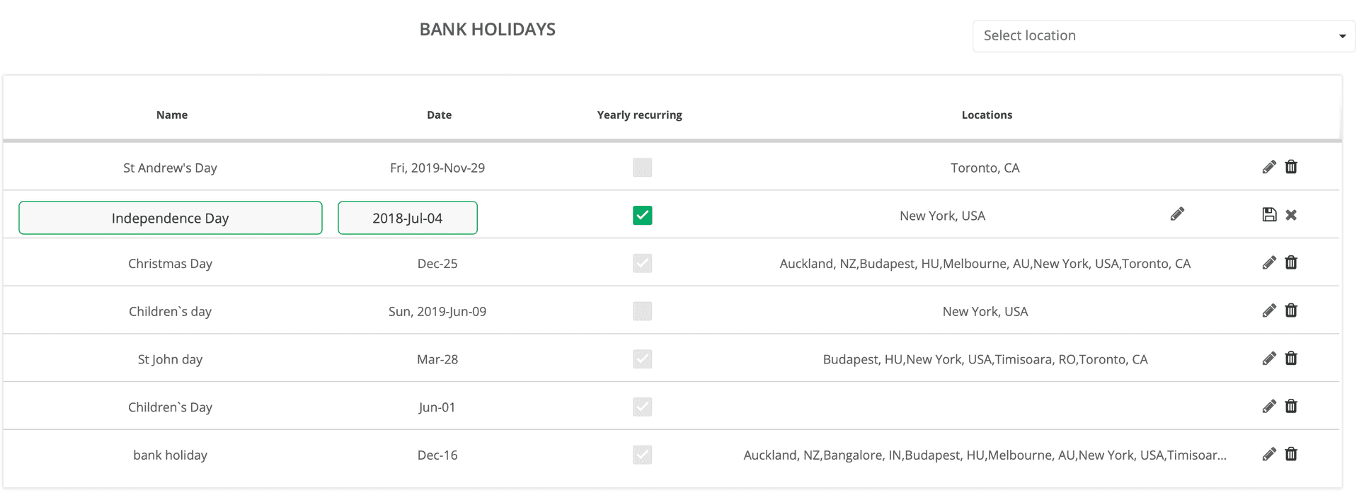 Aktivieren Sie das jährlich wiederkehrende Kontrollkästchen für jeden Feiertag.